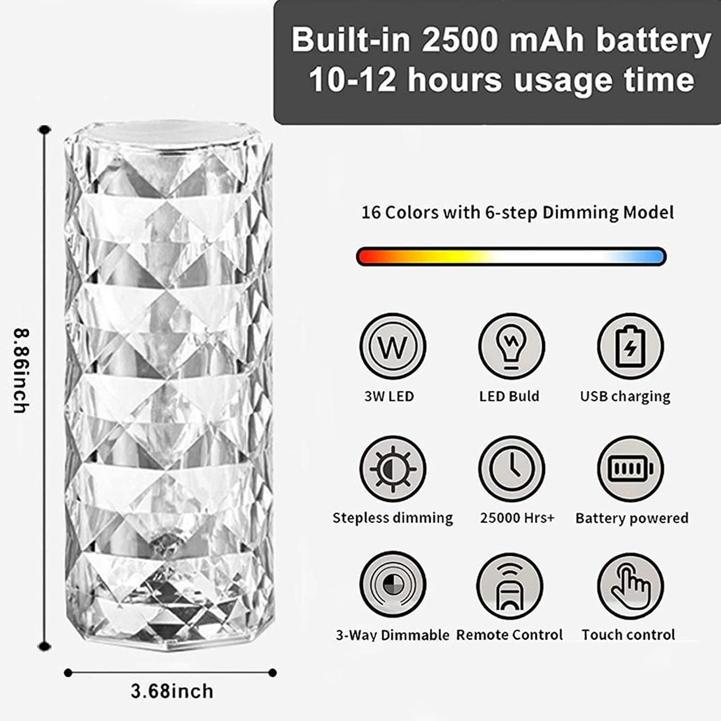 16‑Color Rose Crystal Diamond Table Lamp with Touch & Remote LEDs | Dotmint