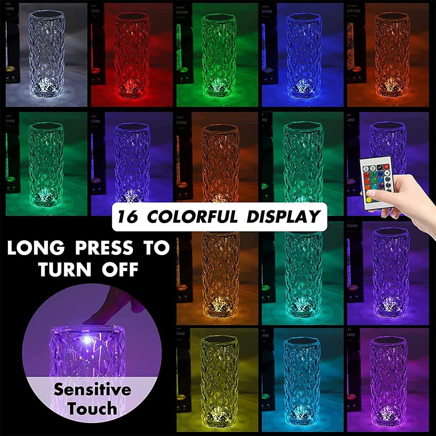 16‑Color Rose Crystal Diamond Table Lamp with Touch & Remote LEDs | Dotmint
